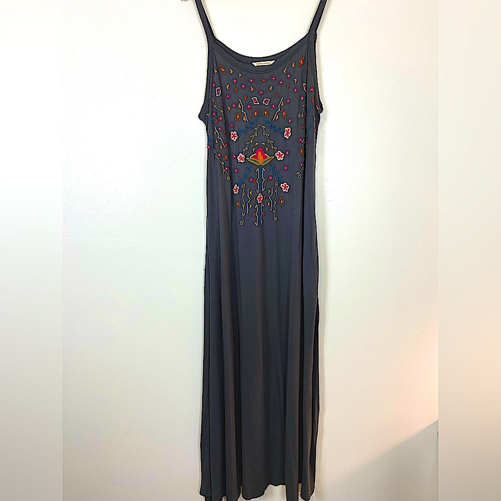 Soft Surroundings Charcoal Maxi Dress with Multicolor Embroidery